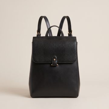 Ines Flap Backpack - Lizard-Embossed Black